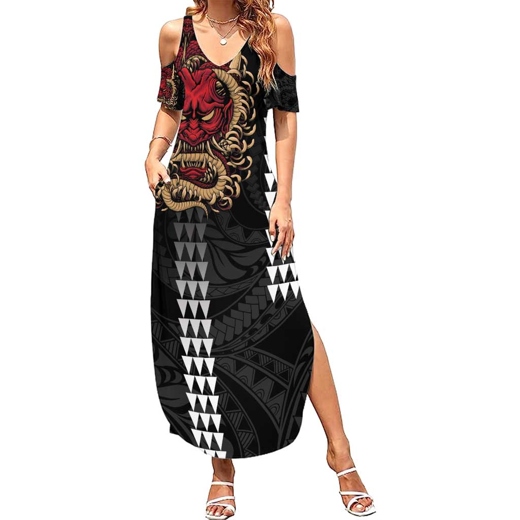 Hawaii and Japanese Oni Mask Personalised Family Matching Summer Maxi Dress and Hawaiian Shirt Kakau Pattern Dark Art Style LT9 Mom's Dress Black - Polynesian Pride