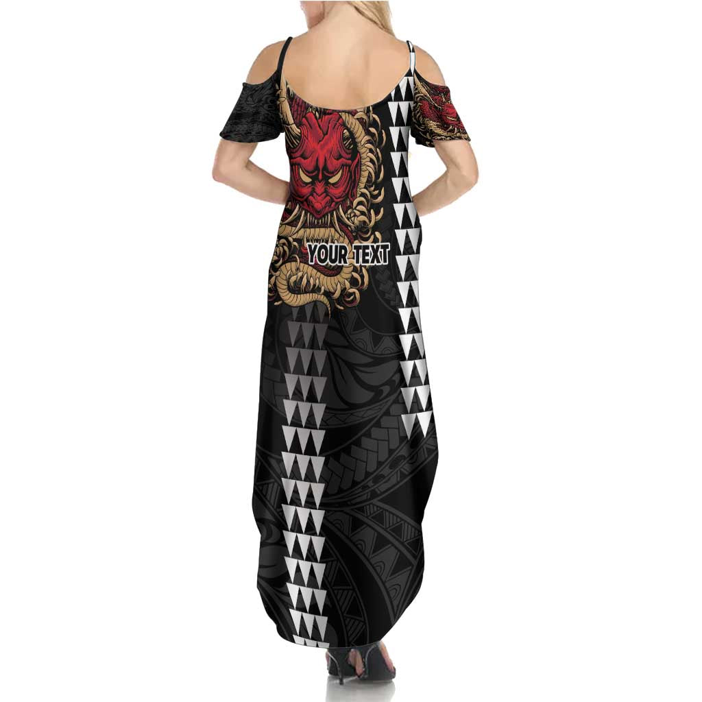 Hawaii and Japanese Oni Mask Personalised Family Matching Summer Maxi Dress and Hawaiian Shirt Kakau Pattern Dark Art Style LT9 - Polynesian Pride
