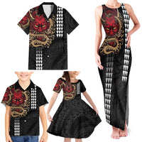 Hawaii and Japanese Oni Mask Personalised Family Matching Tank Maxi Dress and Hawaiian Shirt Kakau Pattern Dark Art Style