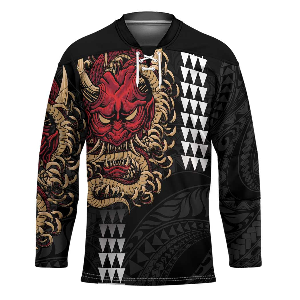 Hawaii and Japanese Oni Mask Personalised Hockey Jersey Kakau Pattern Dark Art Style - Polynesian Pride