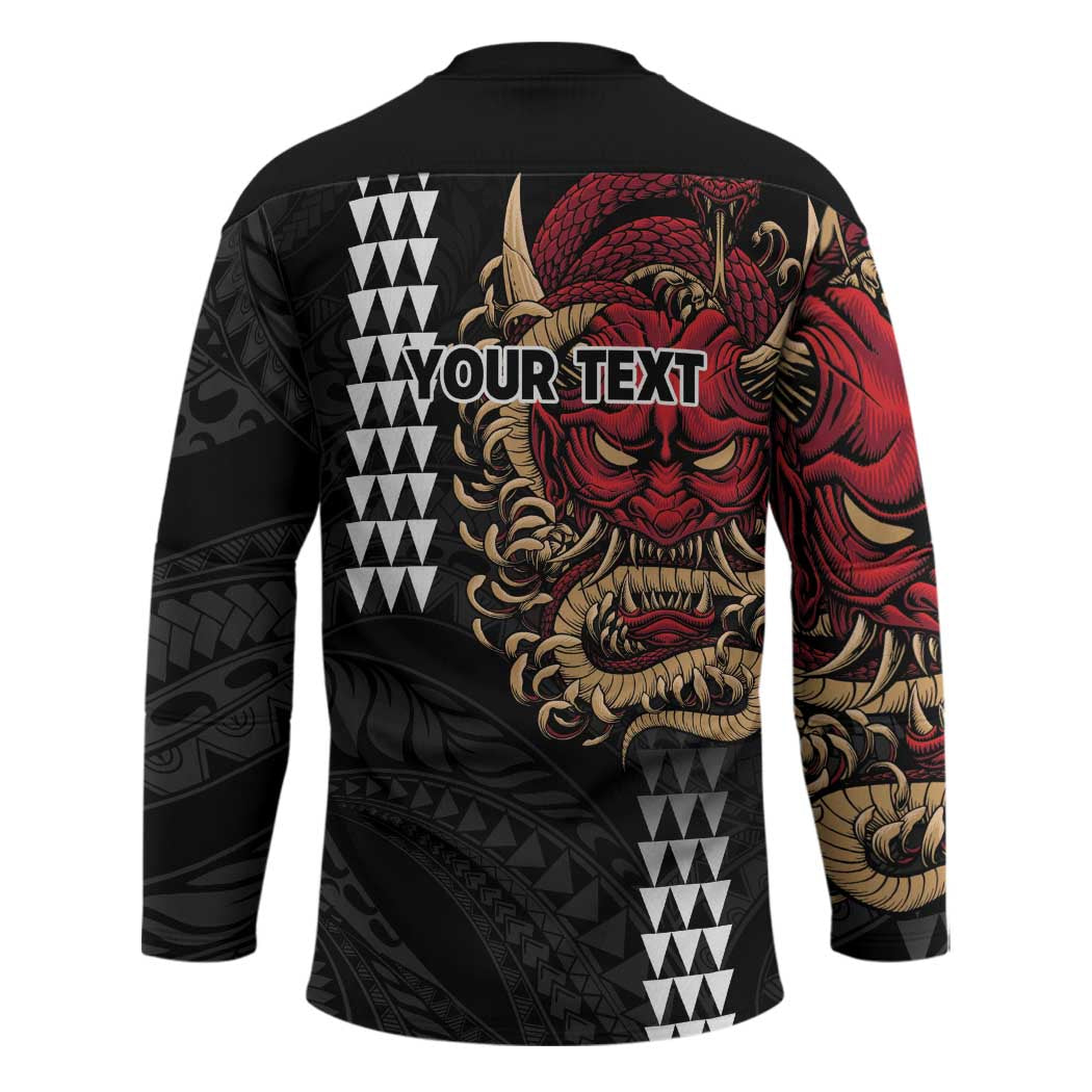 Hawaii and Japanese Oni Mask Personalised Hockey Jersey Kakau Pattern Dark Art Style - Polynesian Pride