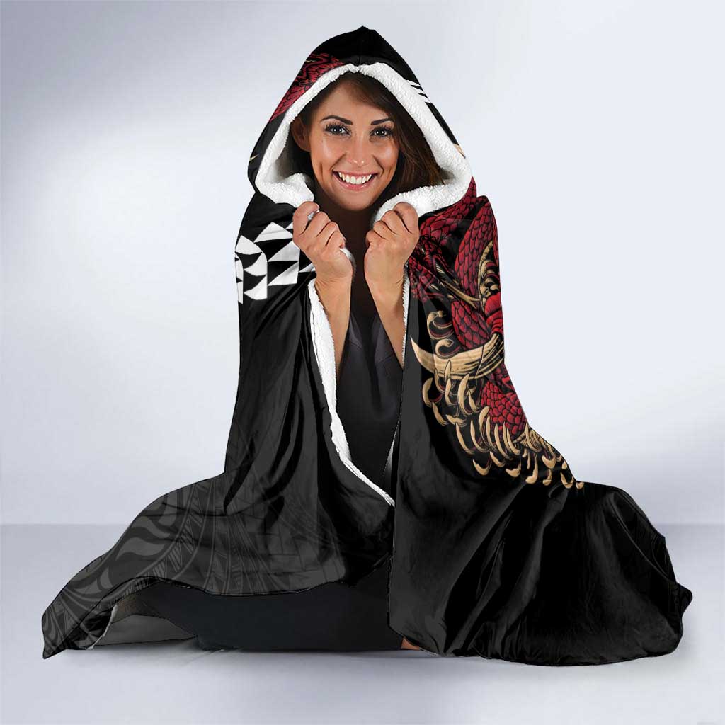 Hawaii and Japanese Oni Mask Personalised Hooded Blanket Kakau Pattern Dark Art Style