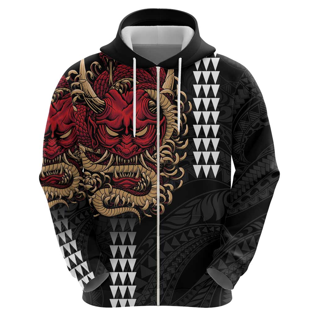 Hawaii and Japanese Oni Mask Personalised Hoodie Kakau Pattern Dark Art Style
