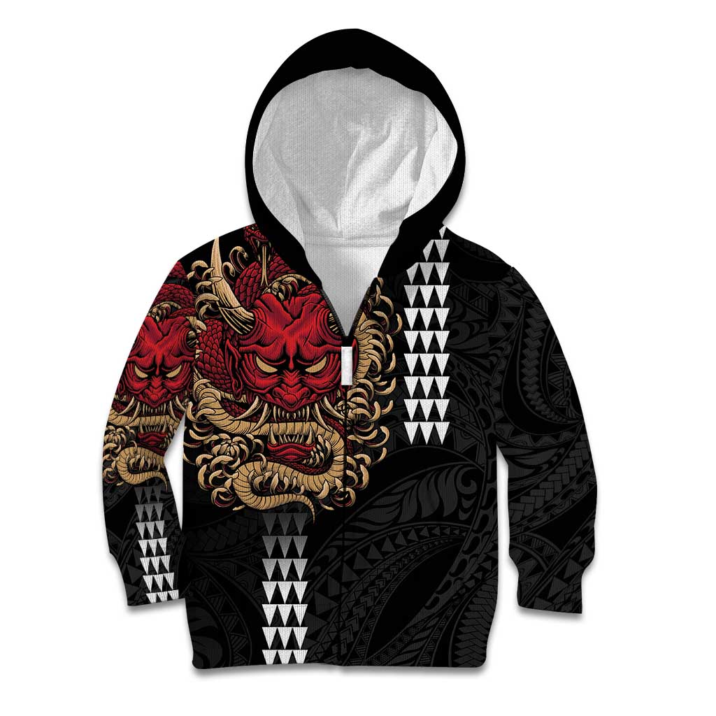 Hawaii and Japanese Oni Mask Personalised Kid Hoodie Kakau Pattern Dark Art Style