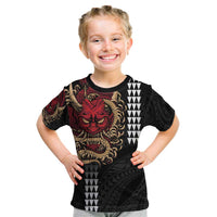 Hawaii and Japanese Oni Mask Personalised Kid T Shirt Kakau Pattern Dark Art Style LT9 Black - Polynesian Pride