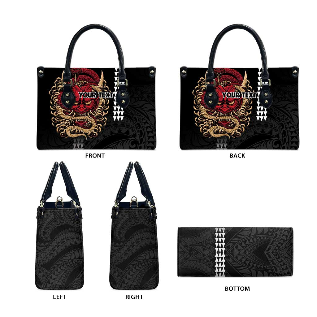 Hawaii and Japanese Oni Mask Personalised Leather Bag Kakau Pattern Dark Art Style - Polynesian Pride