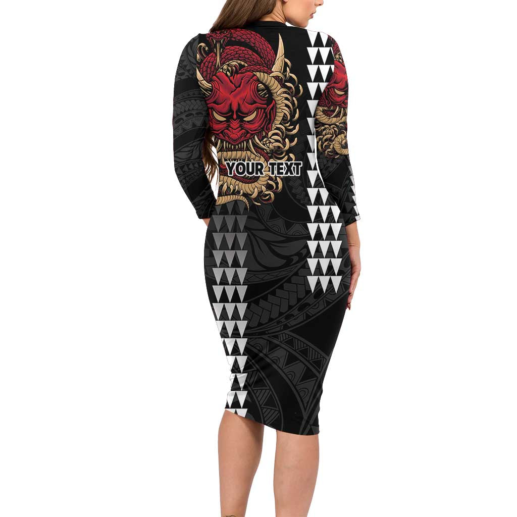 Hawaii and Japanese Oni Mask Personalised Long Sleeve Bodycon Dress Kakau Pattern Dark Art Style