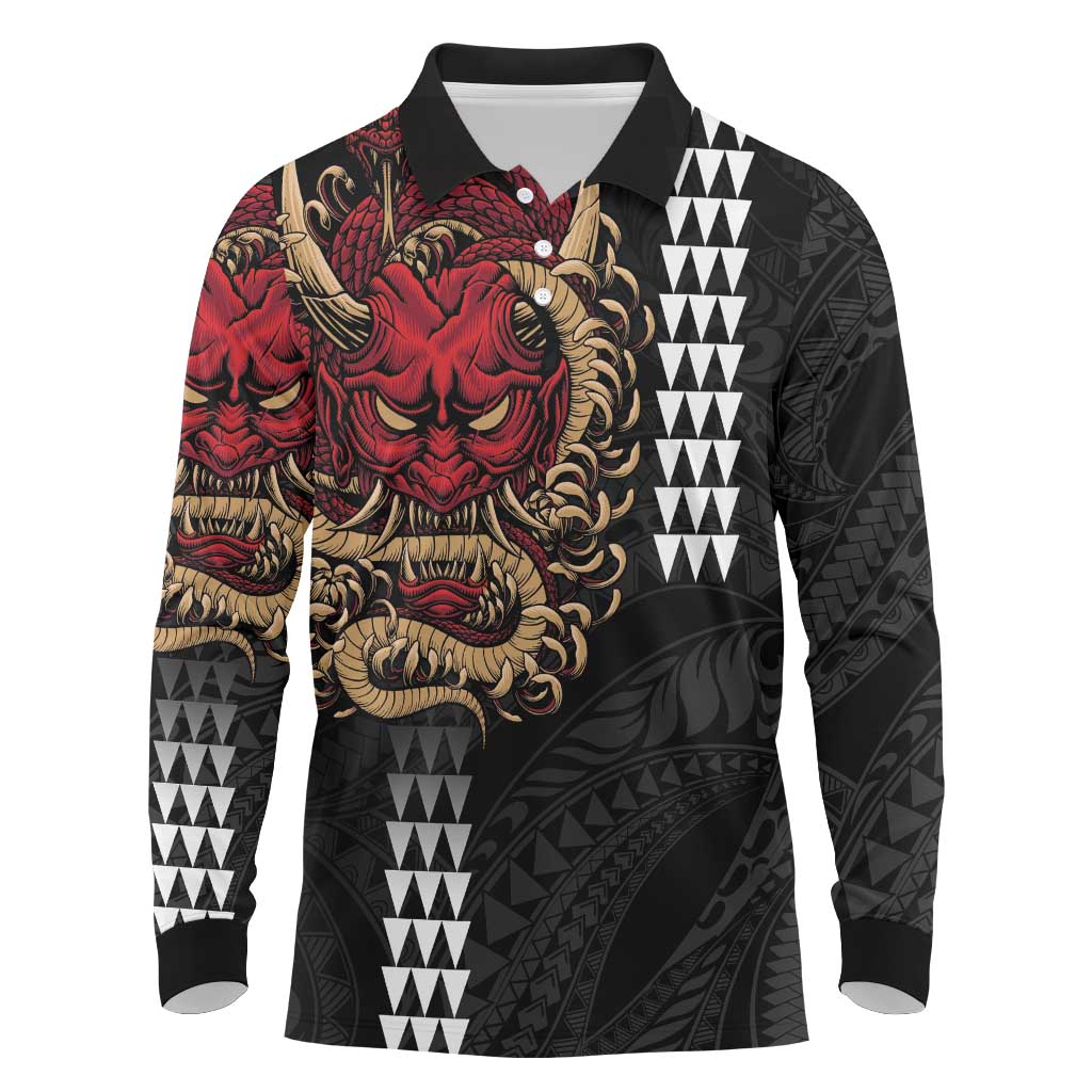 Hawaii and Japanese Oni Mask Personalised Long Sleeve Polo Shirt Kakau Pattern Dark Art Style