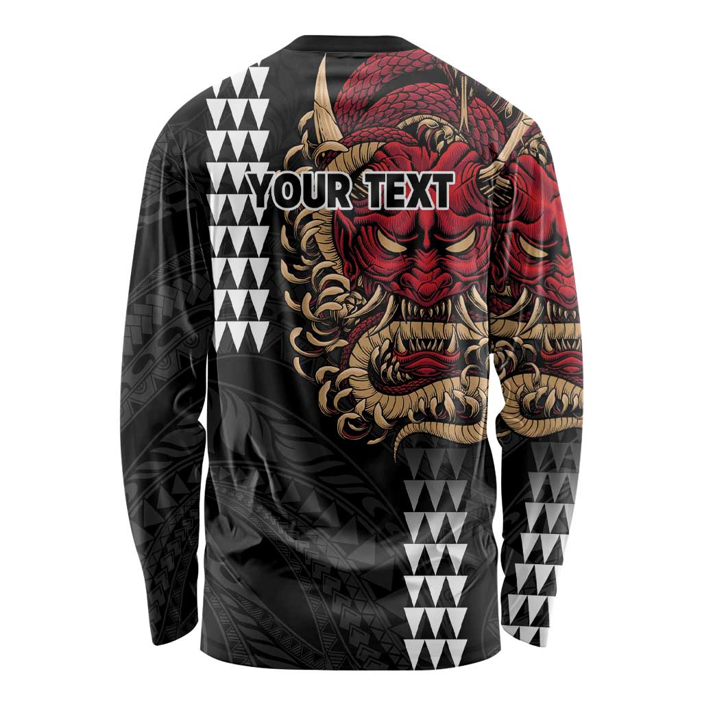 Hawaii and Japanese Oni Mask Personalised Long Sleeve Shirt Kakau Pattern Dark Art Style LT9 - Polynesian Pride