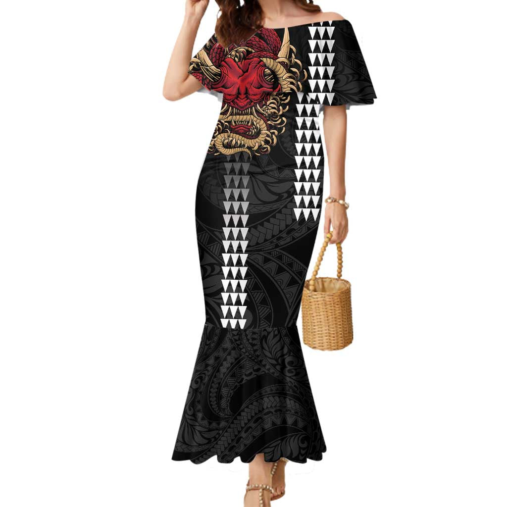 Hawaii and Japanese Oni Mask Personalised Mermaid Dress Kakau Pattern Dark Art Style