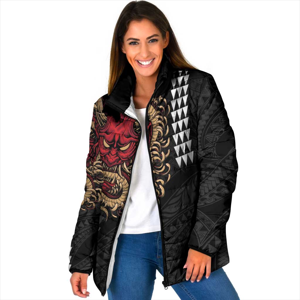 Hawaii and Japanese Oni Mask Personalised Padded Jacket Kakau Pattern Dark Art Style - Polynesian Pride