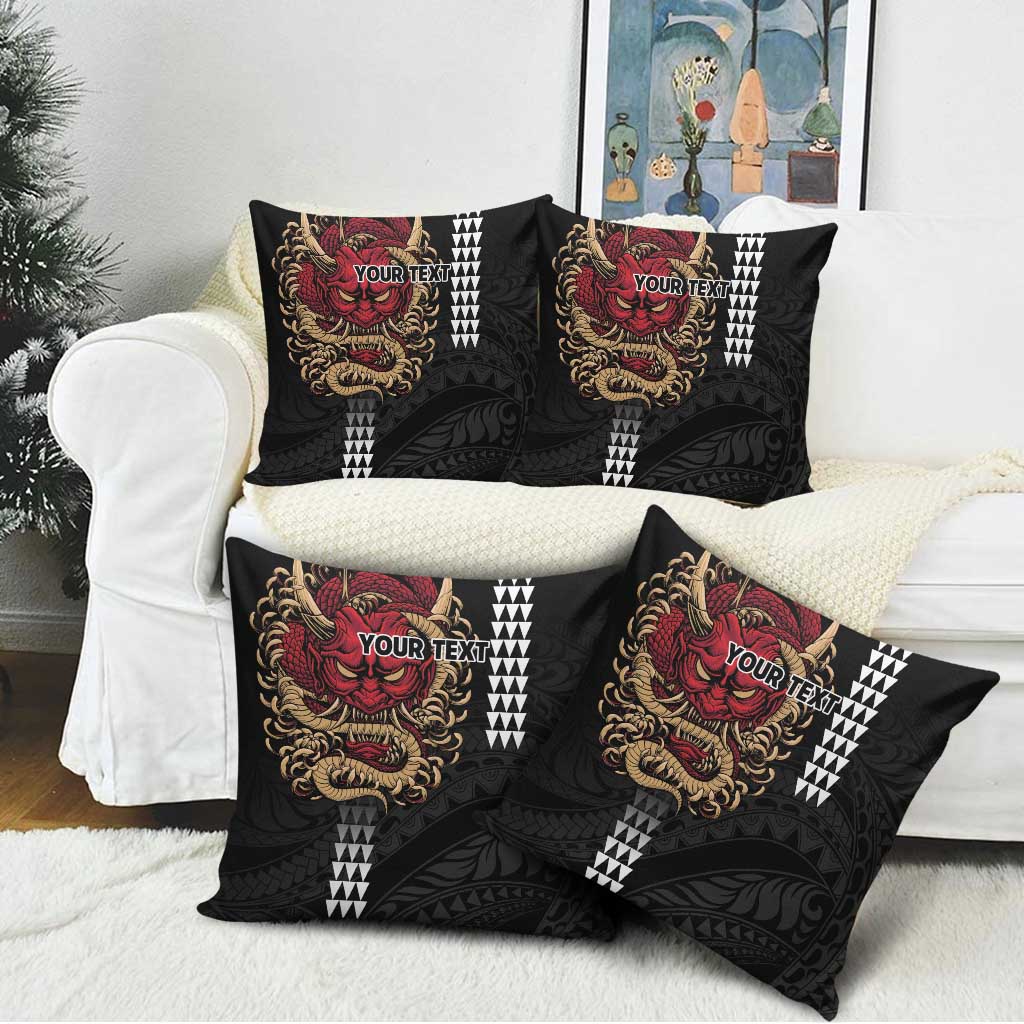 Hawaii and Japanese Oni Mask Personalised Pillow Cover Kakau Pattern Dark Art Style - Polynesian Pride