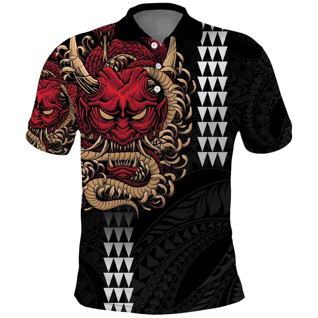 Hawaii and Japanese Oni Mask Personalised Polo Shirt Kakau Pattern Dark Art Style