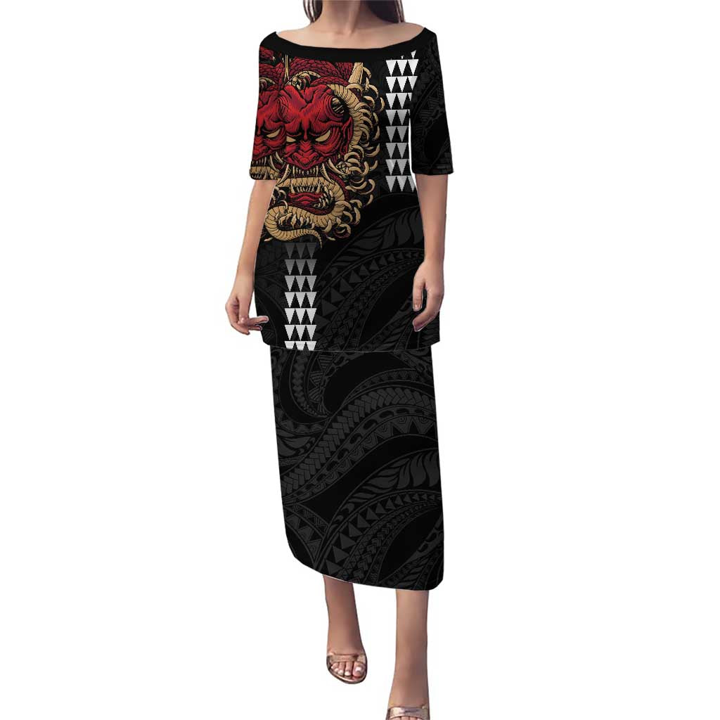 Hawaii and Japanese Oni Mask Personalised Puletasi Kakau Pattern Dark Art Style LT9 Long Dress Black - Polynesian Pride