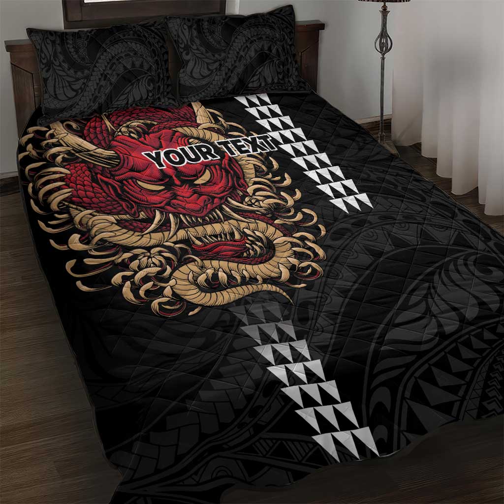 Hawaii and Japanese Oni Mask Personalised Quilt Bed Set Kakau Pattern Dark Art Style