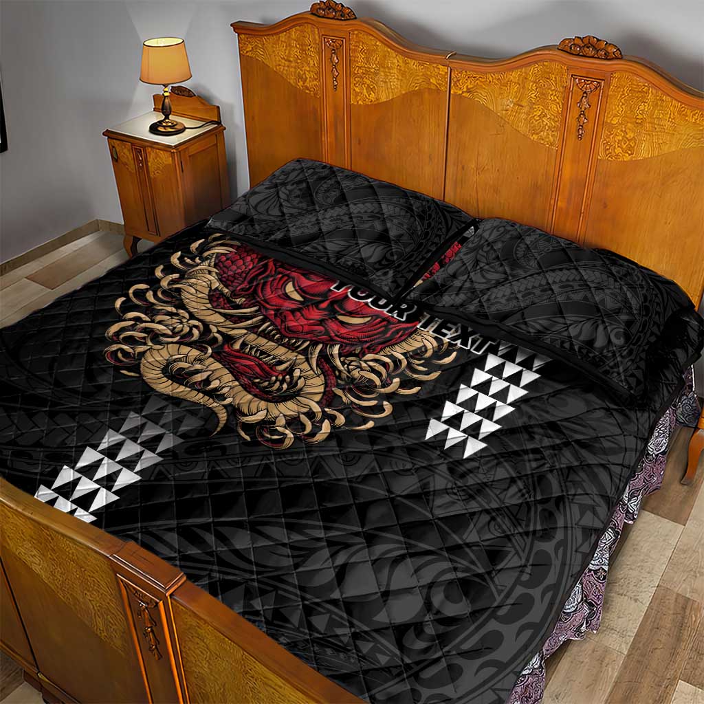Hawaii and Japanese Oni Mask Personalised Quilt Bed Set Kakau Pattern Dark Art Style