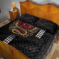 Hawaii and Japanese Oni Mask Personalised Quilt Bed Set Kakau Pattern Dark Art Style