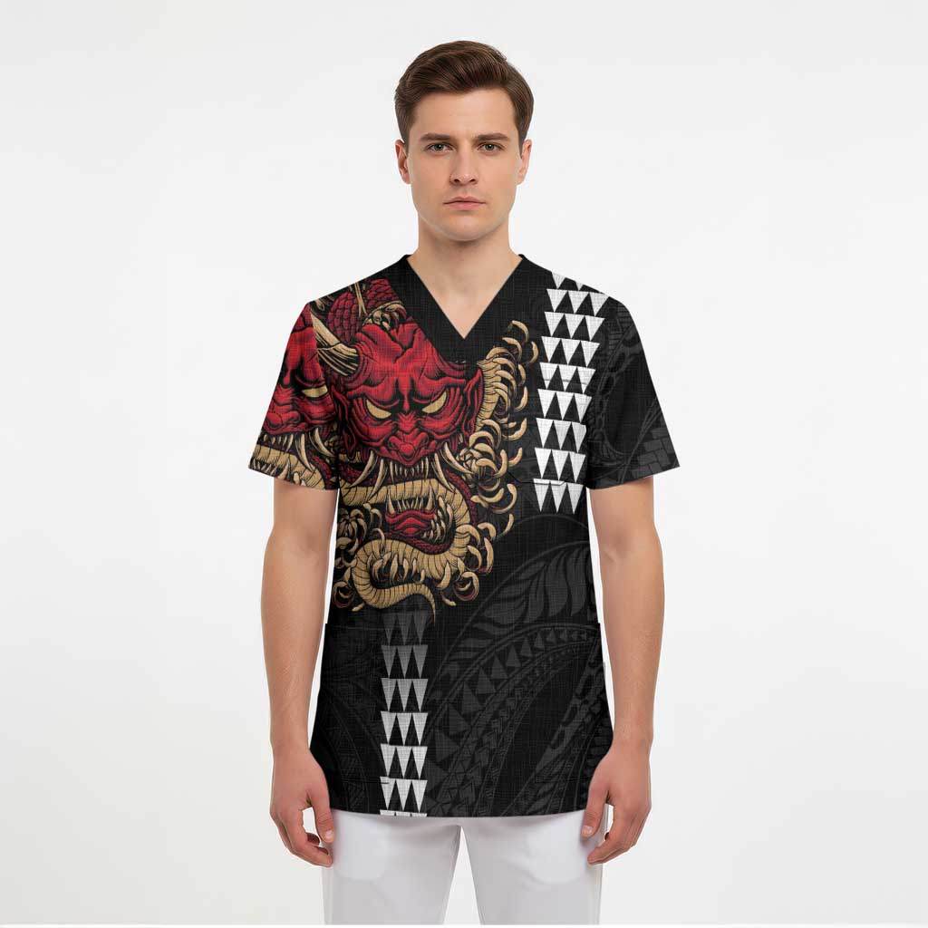 Hawaii and Japanese Oni Mask Personalised Scrub Top Kakau Pattern Dark Art Style - Polynesian Pride
