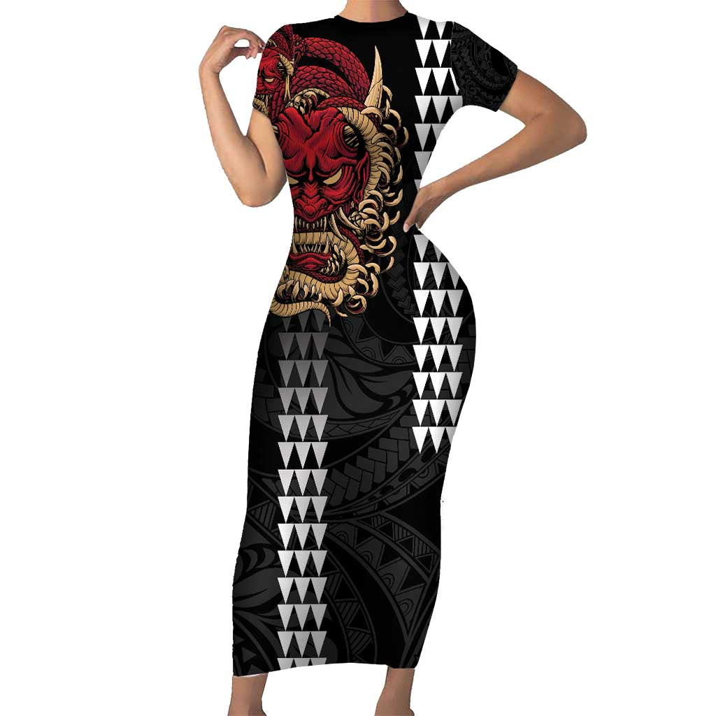 Hawaii and Japanese Oni Mask Personalised Short Sleeve Bodycon Dress Kakau Pattern Dark Art Style