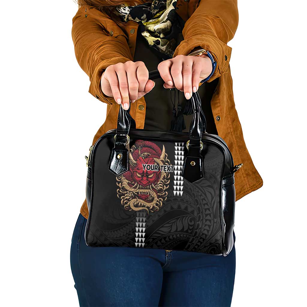 Hawaii and Japanese Oni Mask Personalised Shoulder Handbag Kakau Pattern Dark Art Style