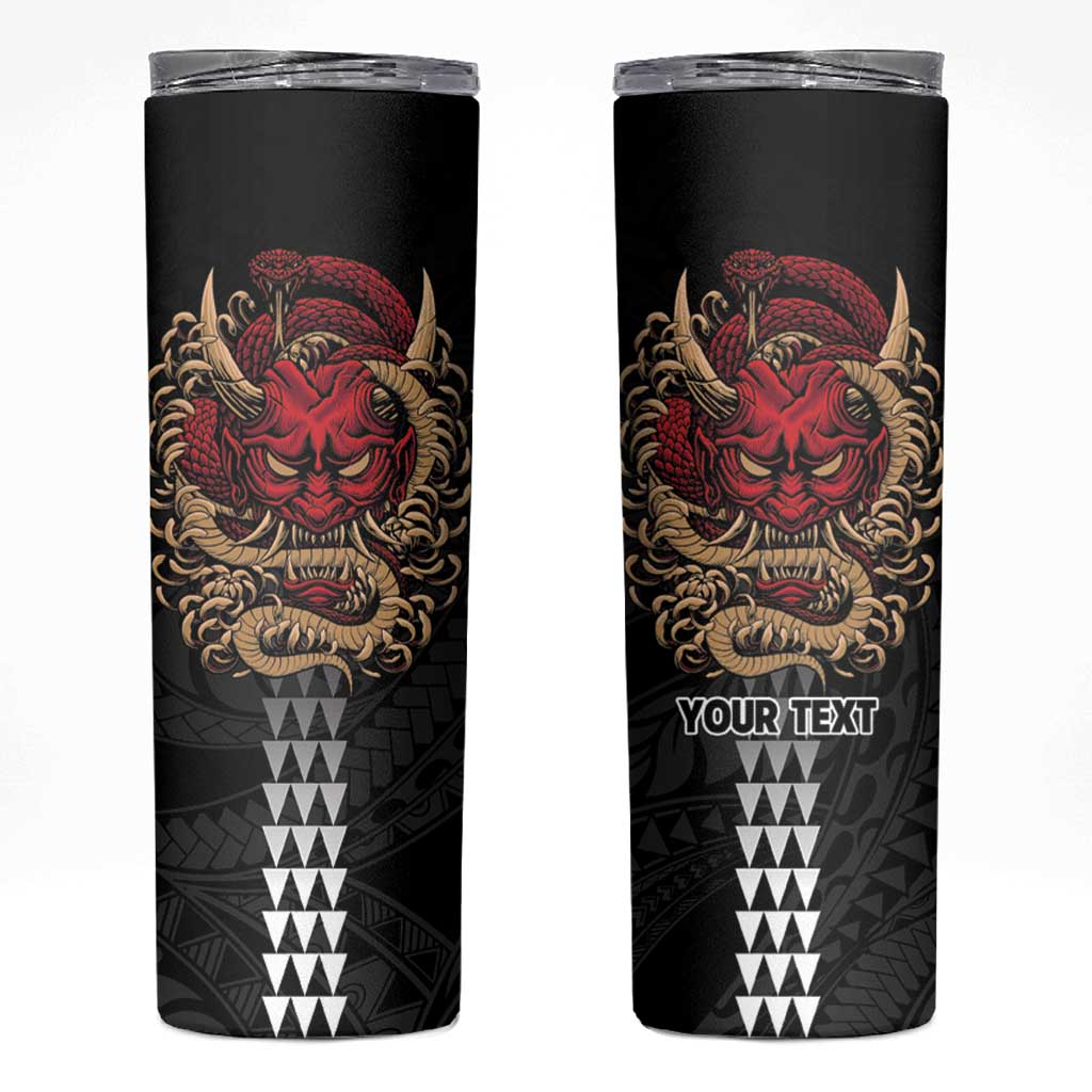 Hawaii and Japanese Oni Mask Personalised Skinny Tumbler Kakau Pattern Dark Art Style