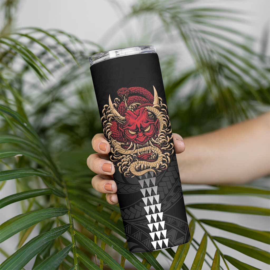 Hawaii and Japanese Oni Mask Personalised Skinny Tumbler Kakau Pattern Dark Art Style
