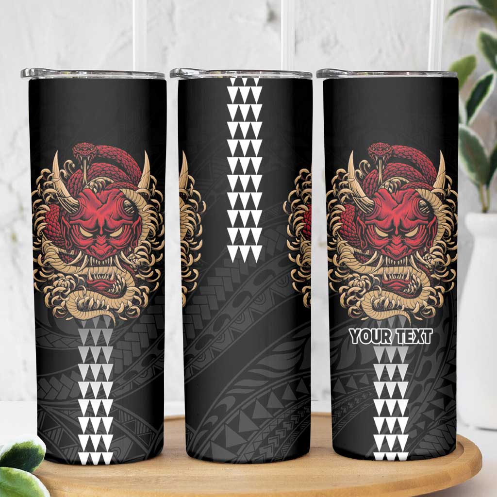 Hawaii and Japanese Oni Mask Personalised Skinny Tumbler Kakau Pattern Dark Art Style