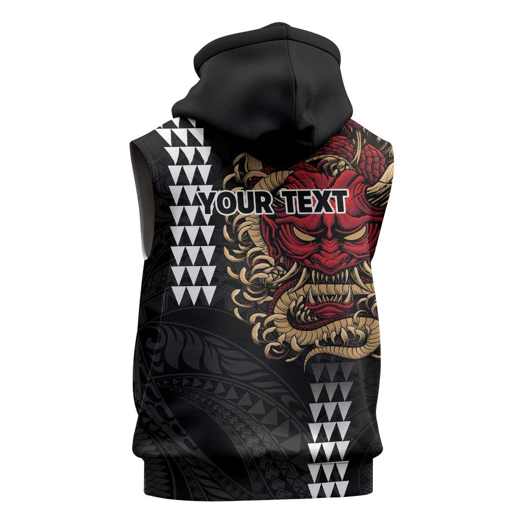 Hawaii and Japanese Oni Mask Personalised Sleeveless Hoodie Kakau Pattern Dark Art Style - Polynesian Pride