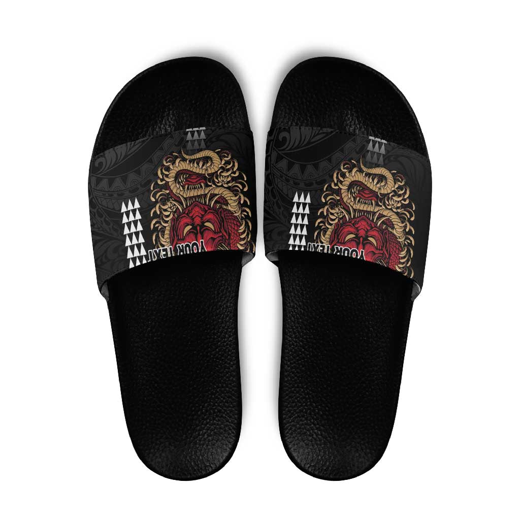 Hawaii and Japanese Oni Mask Personalised Slide Sandals Kakau Pattern Dark Art Style - Polynesian Pride