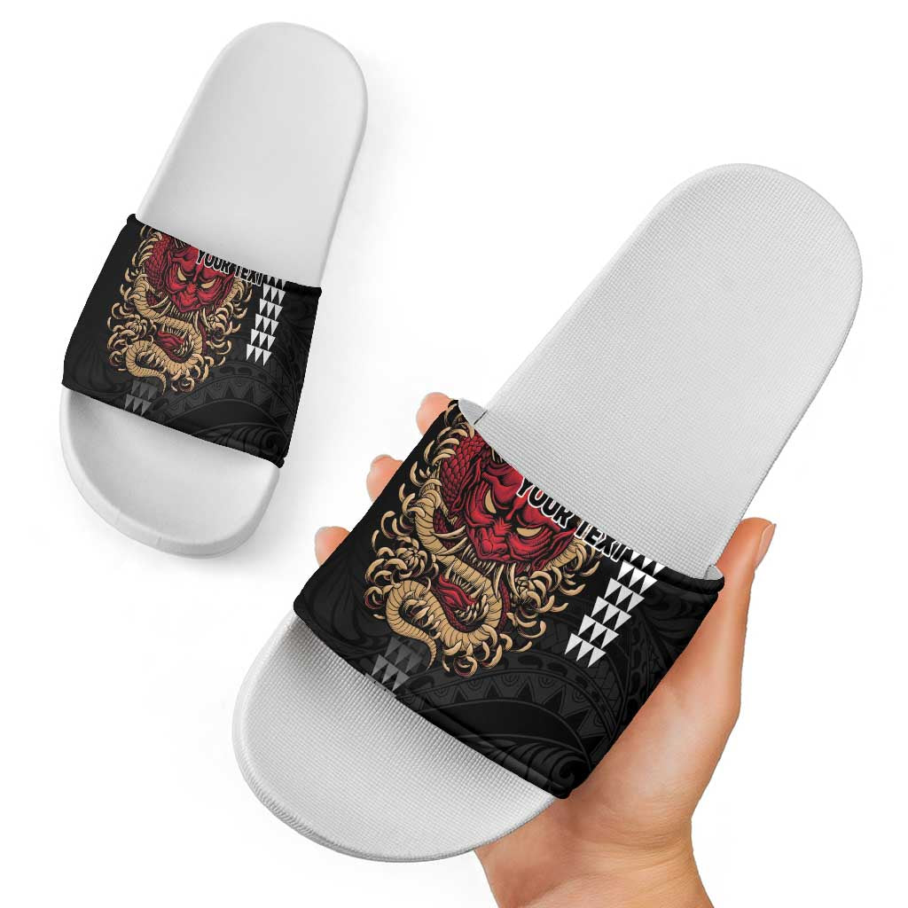 Hawaii and Japanese Oni Mask Personalised Slide Sandals Kakau Pattern Dark Art Style - Polynesian Pride