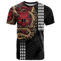 Hawaii and Japanese Oni Mask Personalised T Shirt Kakau Pattern Dark Art Style