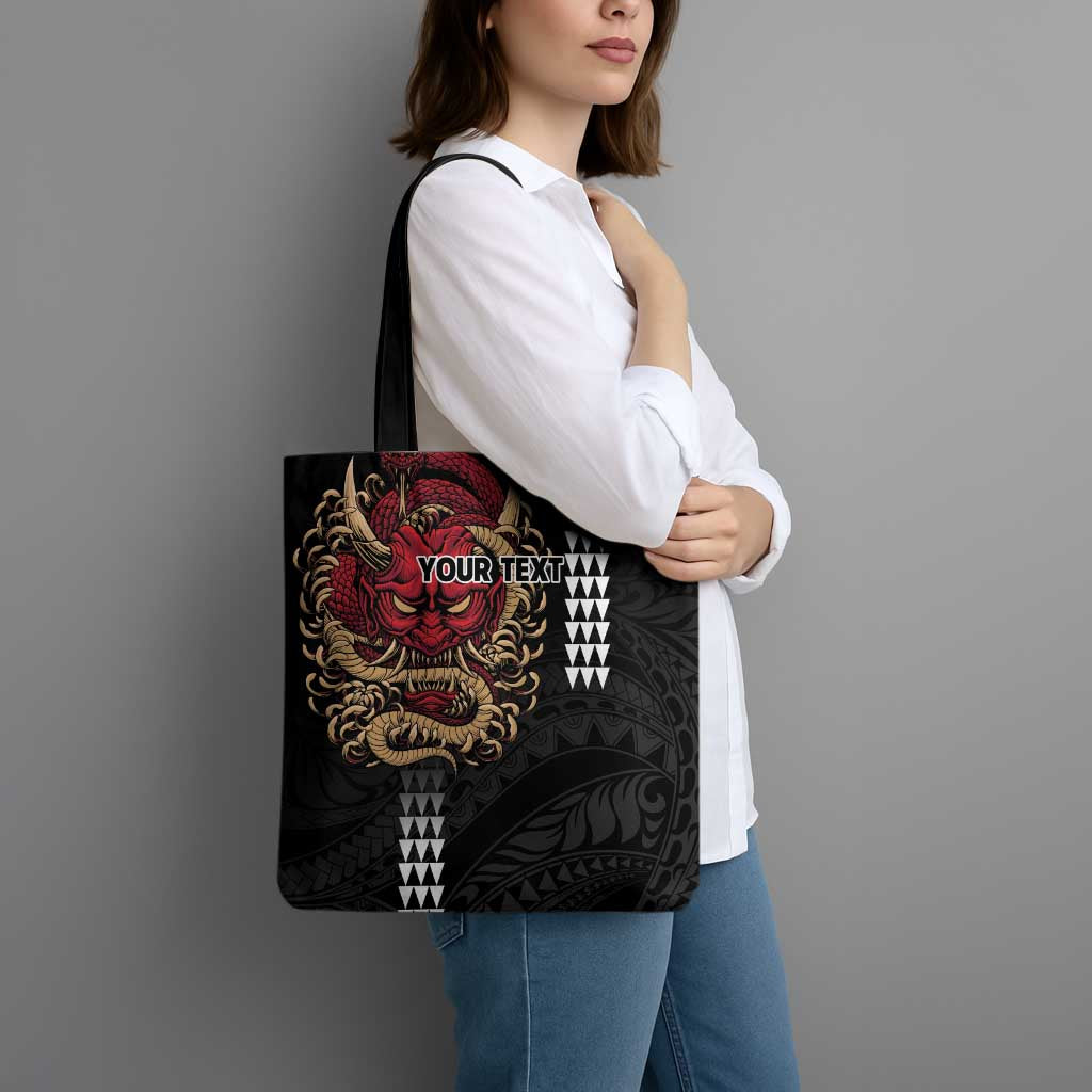 Hawaii and Japanese Oni Mask Personalised Tote Bag Kakau Pattern Dark Art Style - Polynesian Pride