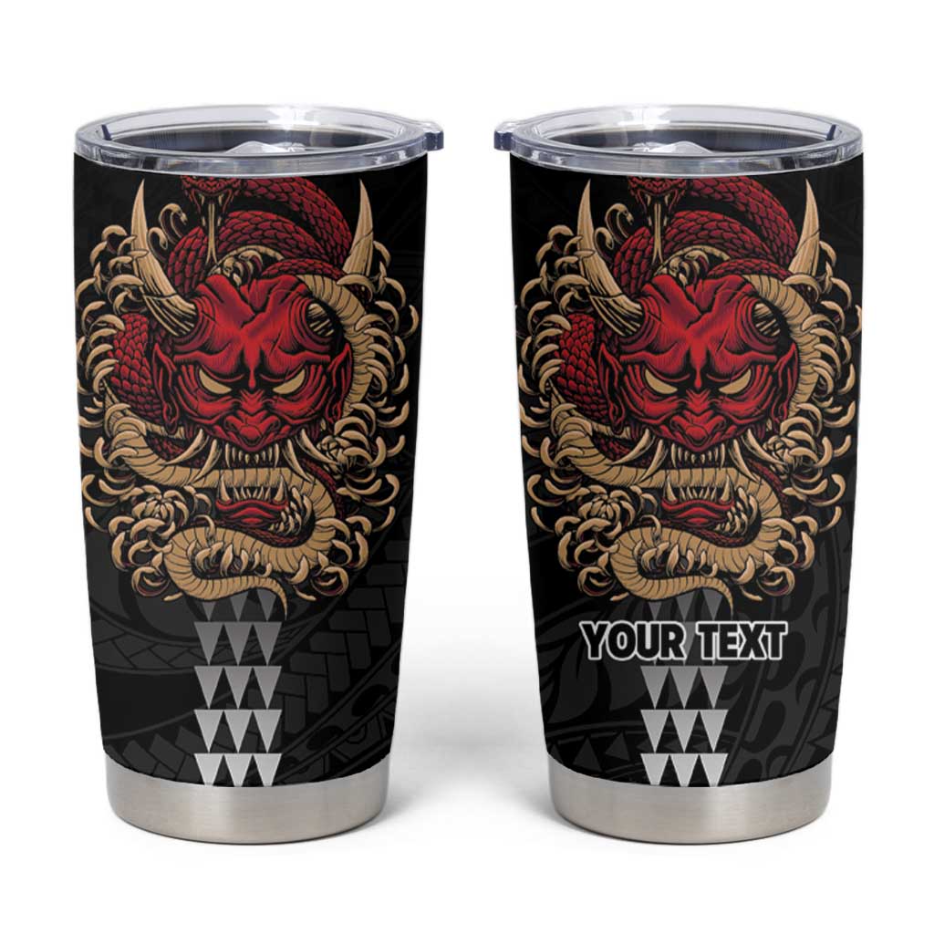 Hawaii and Japanese Oni Mask Personalised Tumbler Cup Kakau Pattern Dark Art Style LT9 Black - Polynesian Pride