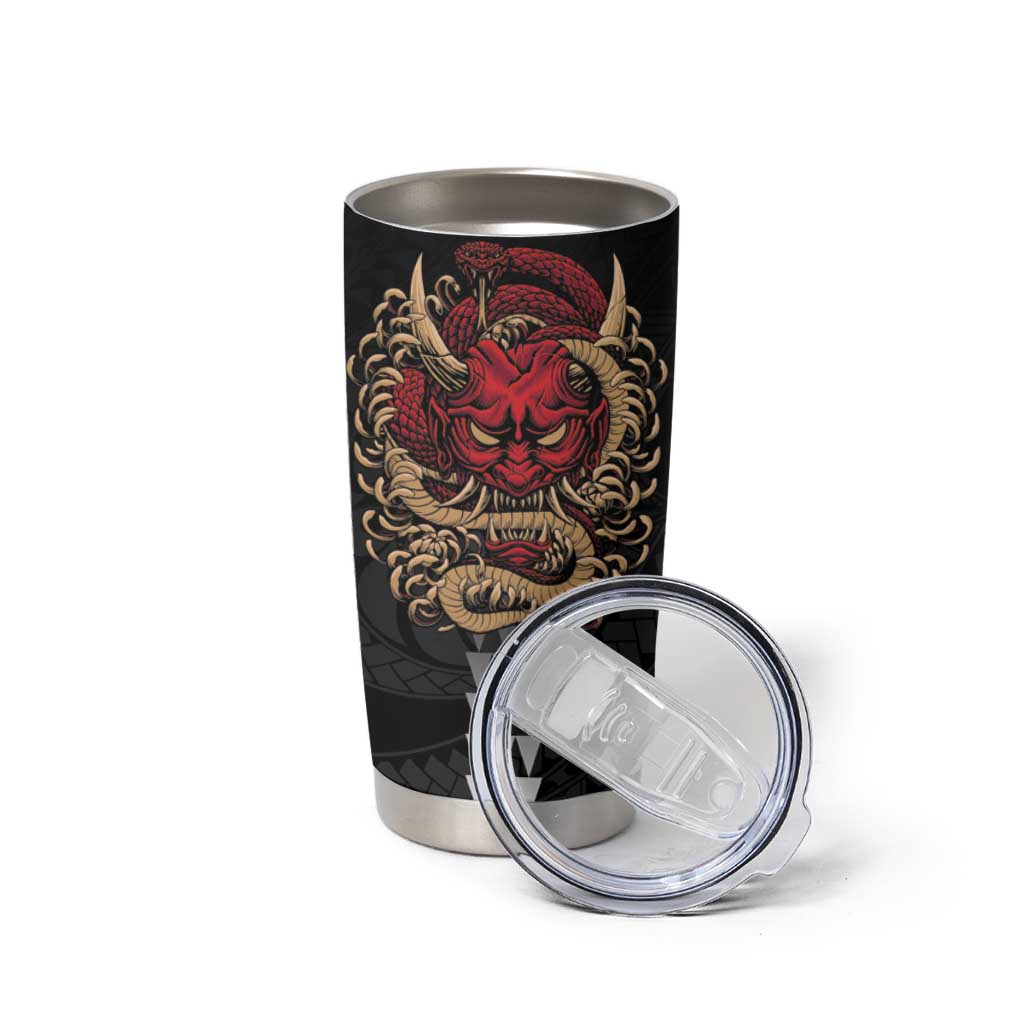 Hawaii and Japanese Oni Mask Personalised Tumbler Cup Kakau Pattern Dark Art Style LT9 - Polynesian Pride