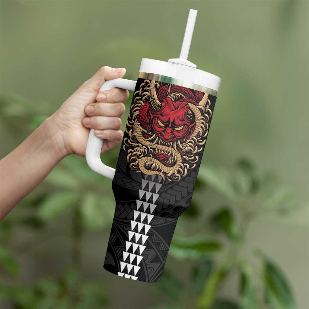 Hawaii and Japanese Oni Mask Personalised Tumbler With Handle Kakau Pattern Dark Art Style