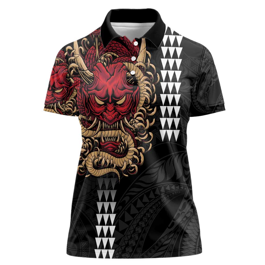 Hawaii and Japanese Oni Mask Personalised Women Polo Shirt Kakau Pattern Dark Art Style