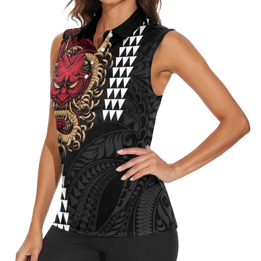 Hawaii and Japanese Oni Mask Personalised Women Sleeveless Polo Shirt Kakau Pattern Dark Art Style