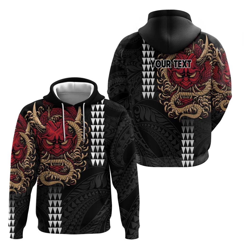 Hawaii and Japanese Oni Mask Personalised Zip Hoodie Kakau Pattern Dark Art Style