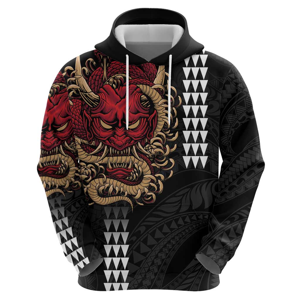 Hawaii and Japanese Oni Mask Personalised Zip Hoodie Kakau Pattern Dark Art Style