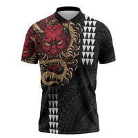 Hawaii and Japanese Oni Mask Personalised Zipper Polo Shirt Kakau Pattern Dark Art Style - Polynesian Pride