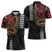 Hawaii and Japanese Oni Mask Personalised Zipper Polo Shirt Kakau Pattern Dark Art Style - Polynesian Pride
