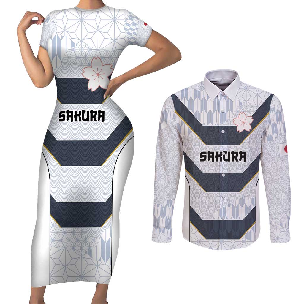 Japan Pacific Rugby 2022-23 Custom Couples Matching Short Sleeve Bodycon Dress and Long Sleeve Button Shirt Black Sakura Japanese Wave Pattern LT9 Black - Polynesian Pride
