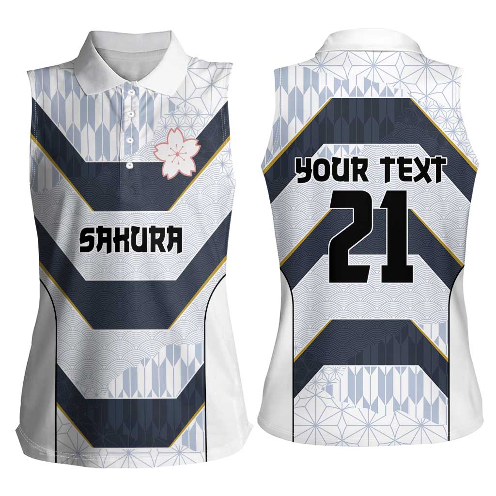 Japan Pacific Rugby 2022-23 Custom Women Sleeveless Polo Shirt Black Sakura Japanese Wave Pattern