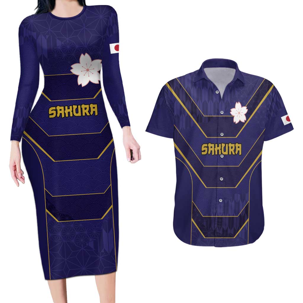 Japan Pacific Rugby 2022-23 Custom Couples Matching Long Sleeve Bodycon Dress and Hawaiian Shirt Blue Sakura Japanese Wave Pattern LT9 Blue - Polynesian Pride