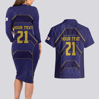 Japan Pacific Rugby 2022-23 Custom Couples Matching Long Sleeve Bodycon Dress and Hawaiian Shirt Blue Sakura Japanese Wave Pattern LT9 - Polynesian Pride
