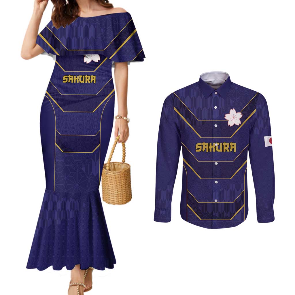 Japan Pacific Rugby 2022-23 Custom Couples Matching Mermaid Dress and Long Sleeve Button Shirt Blue Sakura Japanese Wave Pattern LT9 Blue - Polynesian Pride