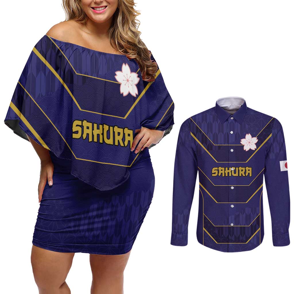 Japan Pacific Rugby 2022-23 Custom Couples Matching Off Shoulder Short Dress and Long Sleeve Button Shirt Blue Sakura Japanese Wave Pattern