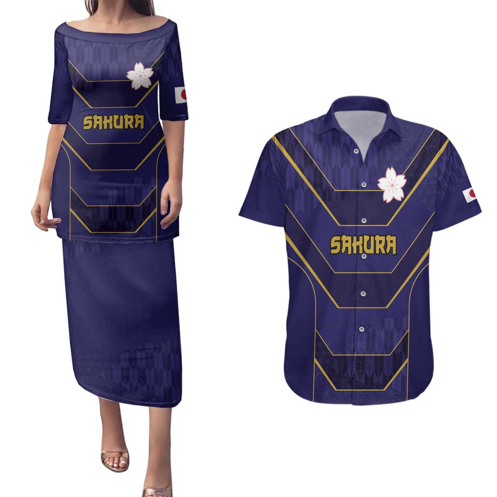 Japan Pacific Rugby 2022-23 Custom Couples Matching Puletasi and Hawaiian Shirt Blue Sakura Japanese Wave Pattern