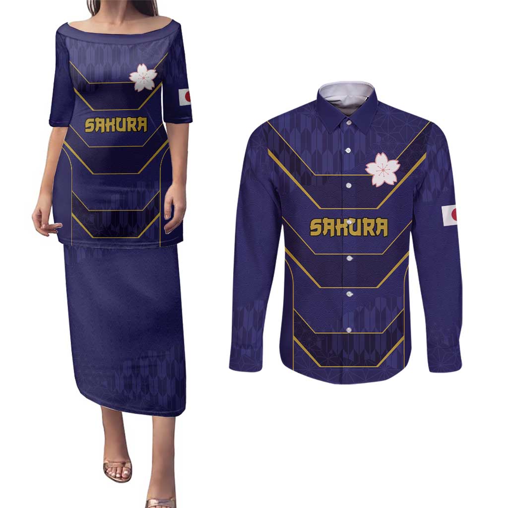 Japan Pacific Rugby 2022-23 Custom Couples Matching Puletasi and Long Sleeve Button Shirt Blue Sakura Japanese Wave Pattern
