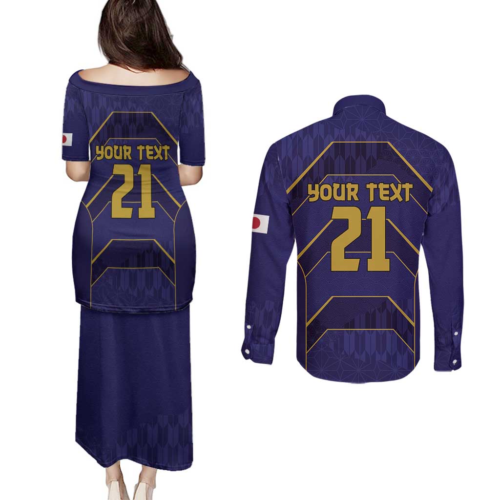 Japan Pacific Rugby 2022-23 Custom Couples Matching Puletasi and Long Sleeve Button Shirt Blue Sakura Japanese Wave Pattern